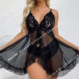 2 Pcs Women Lace Nightgown Set Deep V Neck Bra Panties Transparent Solid Slim Soft Split Nightdress Lingerie