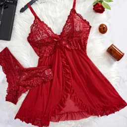 2 Pcs Women Lace Nightgown Set Deep V Neck Bra Panties Transparent Solid Slim Soft Split Nightdress Lingerie