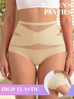 Women High Waist Tummy Control Panties, Cross Mesh Seamless Shapewear Briefs, Soft Breathable Nylon Underwear for Women, 4‑Pack Multipack, S‑XXL