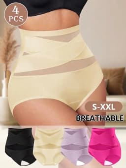 Women High Waist Tummy Control Panties, Cross Mesh Seamless Shapewear Briefs, Soft Breathable Nylon Underwear for Women, 4‑Pack Multipack, S‑XXL