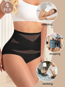 Women High Waist Tummy Control Panties, Cross Mesh Seamless Shapewear Briefs, Soft Breathable Nylon Underwear for Women, 4‑Pack Multipack, S‑XXL
