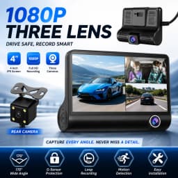 1080P FHD DashCam Car DVR 4-Inch IPS Auto Video Recorder with Three-Lens Rear View Camera Night Vision Black Box