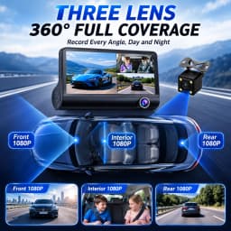 1080P FHD DashCam Car DVR 4-Inch IPS Auto Video Recorder with Three-Lens Rear View Camera Night Vision Black Box