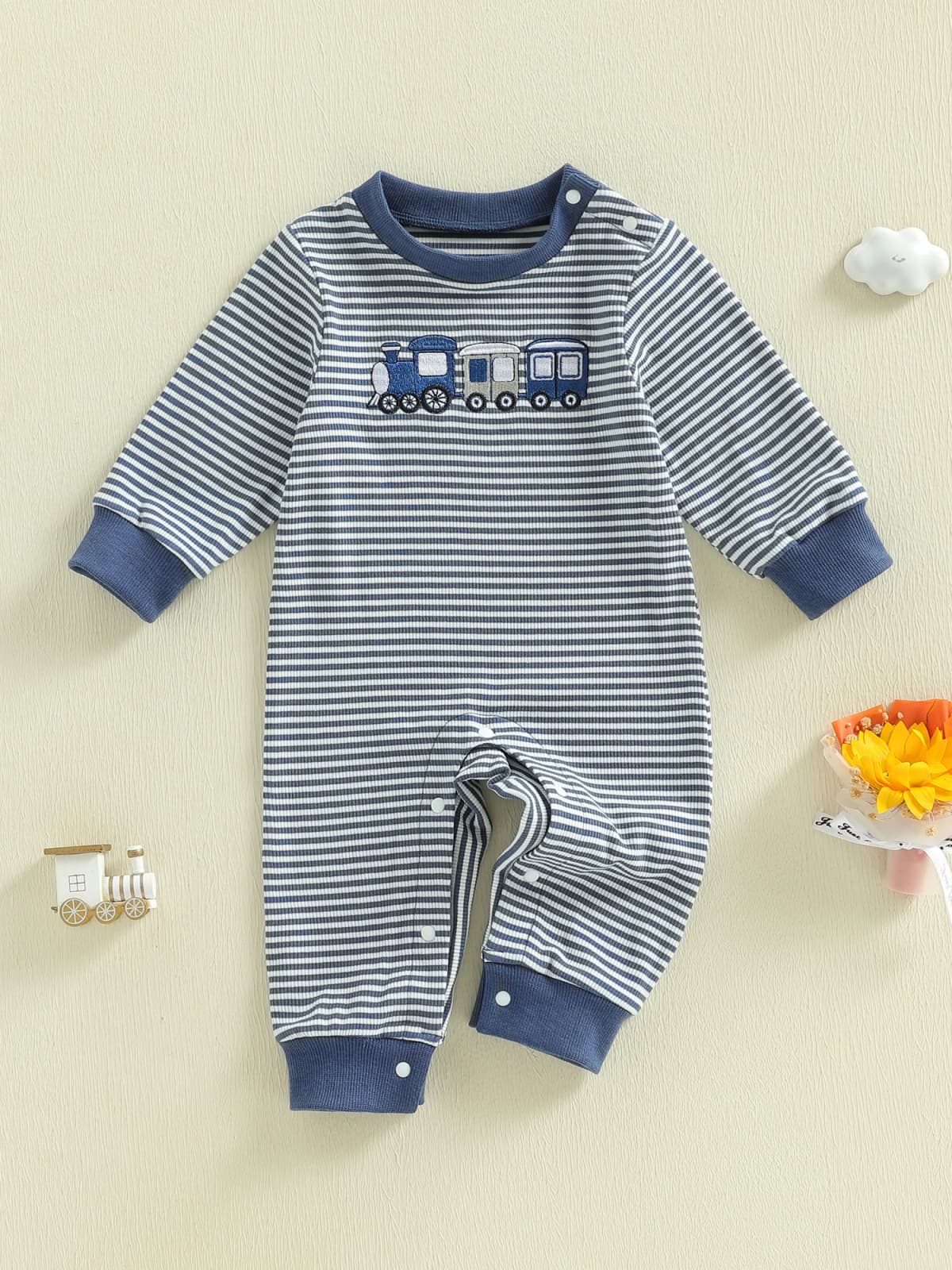 Toddler Boys Fall Striped Playsuit with Long Sleeves and Train Embroidery Comfortable Crewneck Loose Fit Romper