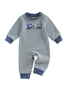Toddler Boys Fall Striped Playsuit with Long Sleeves and Train Embroidery Comfortable Crewneck Loose Fit Romper