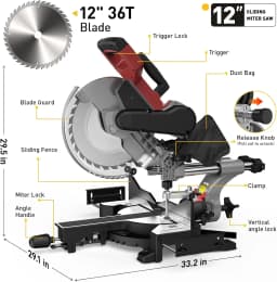 10/12 Inch Single/Dual-Bevel Sliding Compound Miter Saw, 5000/3800RPM, 0-45°, 15 Amp, 36T Blade Precision Cutting Power Saw