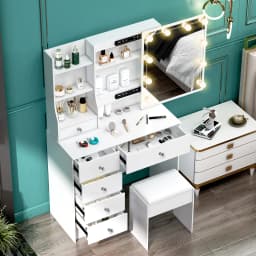 Teousev White LED Makeup Vanity Set with Sliding Mirror, 3-Color Dimmable Lights, 6 Drawers & Stool, Modern Dressing Table