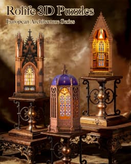 Rolife Wooden 3D Puzzle Twin-Tower Cathedral Model Building Kit DIY Miniature House Kit with LED Light for Bookshelf Decor