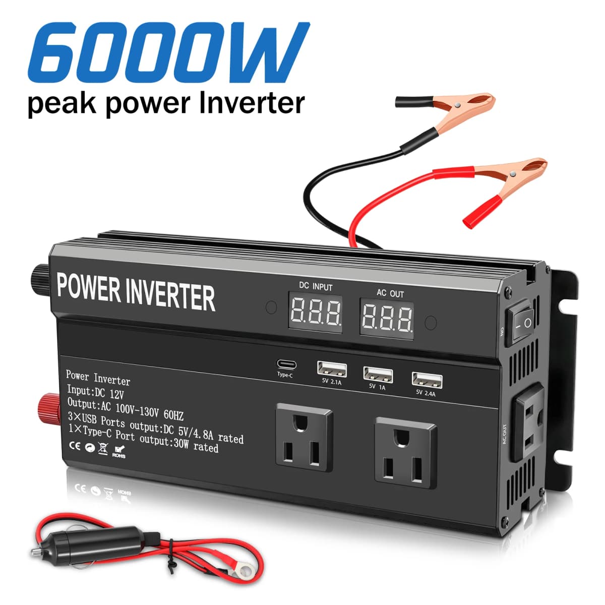 6000W Car Power Inverter DC 12V To AC 110V Pure Sine Wave Solar Power Converter 60Hz LCD Screen Display Portable Power Supply