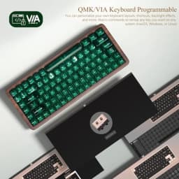 Wireless Mechanical Keyboard for Gaming and Office Use Wood Frame Natural Brown 8000mAh Battery Life with Tri-Mode Connectivity