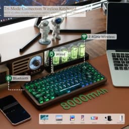 Wireless Mechanical Keyboard for Gaming and Office Use Wood Frame Natural Brown 8000mAh Battery Life with Tri-Mode Connectivity