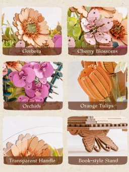 Rolife 3D Puzzle Wooden Blooming Book DIY Artificial Flower Bouquet Model Building Kit for Home Decor Wedding Mother's Day Valentine's Day Gift for Women Adults