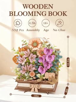 Rolife 3D Puzzle Wooden Blooming Book DIY Artificial Flower Bouquet Model Building Kit for Home Decor Wedding Mother's Day Valentine's Day Gift for Women Adults