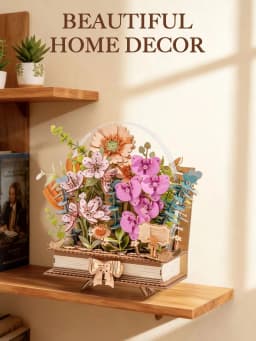 Rolife 3D Puzzle Wooden Blooming Book DIY Artificial Flower Bouquet Model Building Kit for Home Decor Wedding Mother's Day Valentine's Day Gift for Women Adults