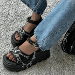 Y2K Goth Wedge Platform Sandals Punk Metal Heart Cross Chain Ankle Buckle Summer Shoes for Women