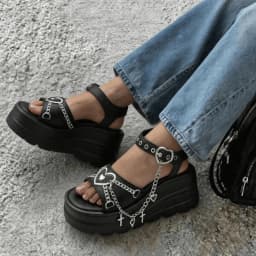Y2K Goth Wedge Platform Sandals Punk Metal Heart Cross Chain Ankle Buckle Summer Shoes for Women