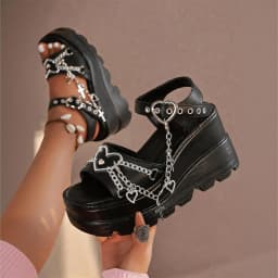 Y2K Goth Wedge Platform Sandals Punk Metal Heart Cross Chain Ankle Buckle Summer Shoes for Women