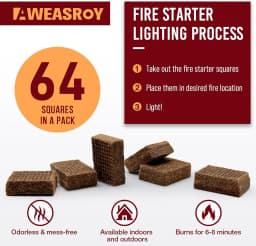 Fire Starter Squares 64 - Fire Starters for Fireplace,Chimney,BBQ Grill,Camping Fire,Wood Stove - Water Resistant and Safe Odourless - Camping Accessories