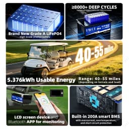 US Stock APP Control 48V 105ah Lifepo4 Battery Pack 3A Active Balancing 5736WH With Charger LCD Screen 16S 200A Smart BMS 51.2V Rechargeable Golf Cart Battery For RV Home Solar Energy Storage Golf Cart Battery