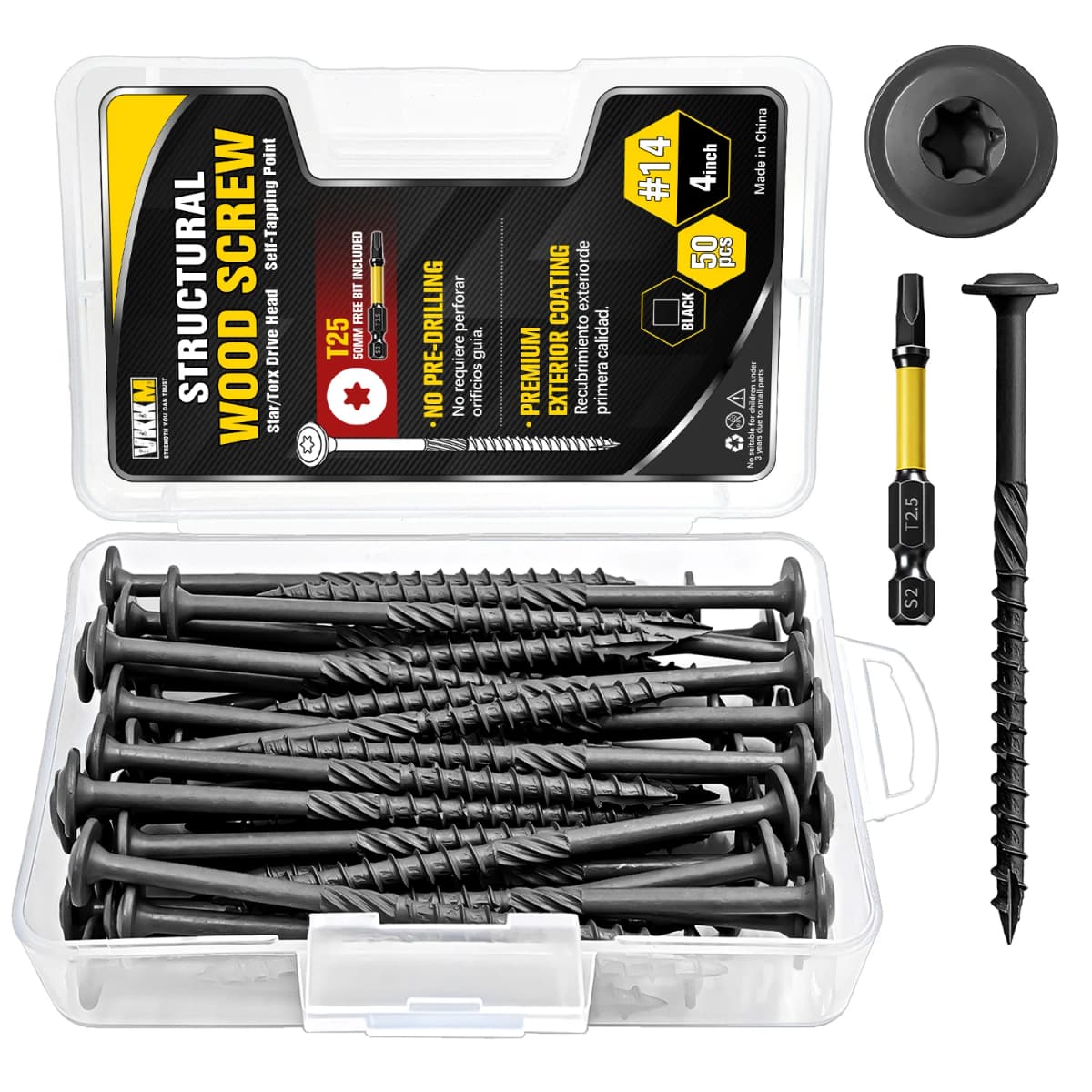 50Pcs T25 Structural Wood Screws #14x4", Self Tapping Star Drive with 50mm Free Bit, Heavy Duty Exterior Coating for Deck Framing DIY