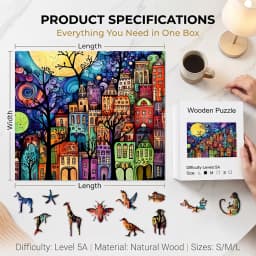 Wooden Jigsaw Puzzle Colorful Moon Town Unique Animal Shaped Pieces, 5A Hard Difficulty Art Puzzle 38.5×28.5cm, 4-6 Hours Assembly Family Game Decor Gift For Adults Teens