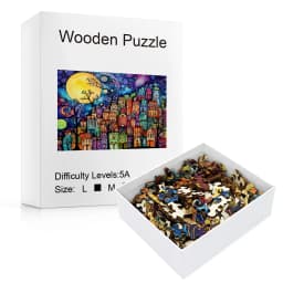 Wooden Jigsaw Puzzle Colorful Moon Town Unique Animal Shaped Pieces, 5A Hard Difficulty Art Puzzle 38.5×28.5cm, 4-6 Hours Assembly Family Game Decor Gift For Adults Teens