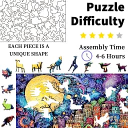 Wooden Jigsaw Puzzle Colorful Moon Town Unique Animal Shaped Pieces, 5A Hard Difficulty Art Puzzle 38.5×28.5cm, 4-6 Hours Assembly Family Game Decor Gift For Adults Teens