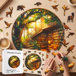Round Enchanted Tree‑House Library Wooden Jigsaw Puzzle, Irregular Unique Animal‑Shaped Pieces, Adult DIY Stress‑Relief Wood Puzzle Game, Fantasy Forest Art Puzzle, Home Wall Decor, Ideal Birthday Holiday Gift for Puzzle Lovers