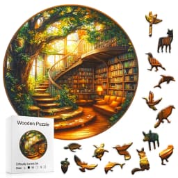Round Enchanted Tree‑House Library Wooden Jigsaw Puzzle, Irregular Unique Animal‑Shaped Pieces, Adult DIY Stress‑Relief Wood Puzzle Game, Fantasy Forest Art Puzzle, Home Wall Decor, Ideal Birthday Holiday Gift for Puzzle Lovers