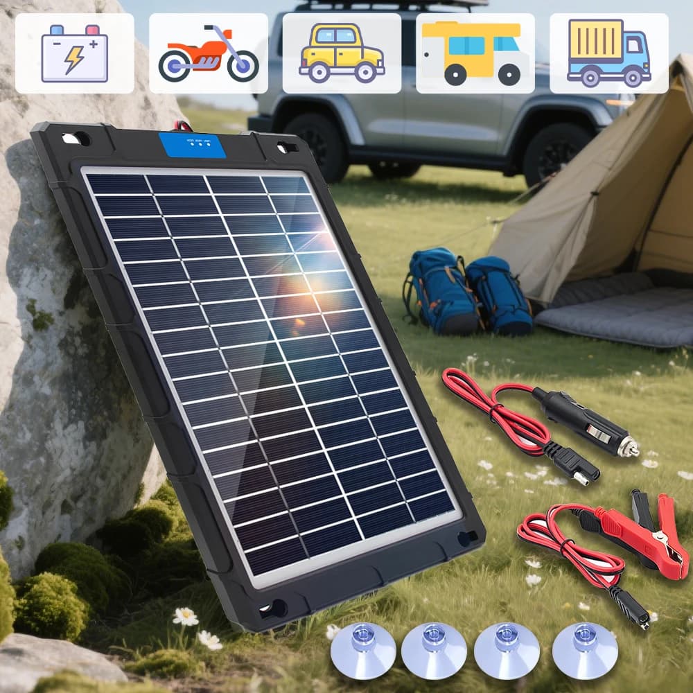 Solar Panel 12V Car Battery Charger Built In Charge Controller IP65 Waterproof Anti Shatter Solar Trickle Charger With Cigarette Lighter Alligator Clips Suction Cups For Motorcycle RV Boat Truck