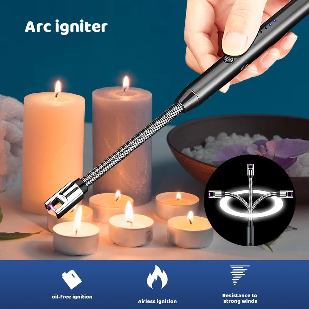USB Rechargeable Arc Lighter Windproof Flexible Neck Electric Candle Lighter Safety Lock Pulse Igniter for Kitchen Gas Stove Camping Candle BBQ