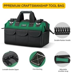 Heavy Duty Tool Bag 13/15-Inch with Adjustable Shoulder Strap, 14-Pocket Portable Empty Tool Box Organizer, Big Storage Toolbox Organization, Soft Handle Large Zipper Carrying Toolbag, Father Day Gifts for Him Dad Men, Green