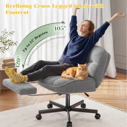 Thick Cushion Leisure Chair, Teddy Plush Cross Chair, Cross Legged Office Chair, Height Adjustable Desk Chair, Rolling Computer Chair with Footrest & Reclining Backrest
