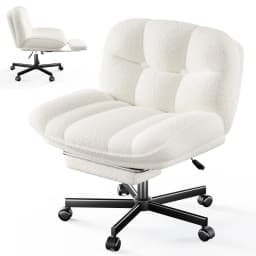 Thick Cushion Leisure Chair, Teddy Plush Cross Chair, Cross Legged Office Chair, Height Adjustable Desk Chair, Rolling Computer Chair with Footrest & Reclining Backrest