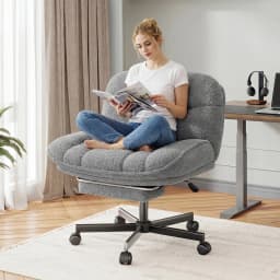 Thick Cushion Leisure Chair, Teddy Plush Cross Chair, Cross Legged Office Chair, Height Adjustable Desk Chair, Rolling Computer Chair with Footrest & Reclining Backrest