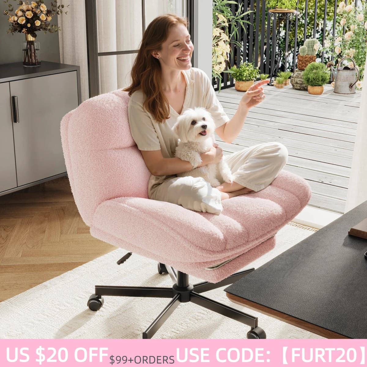 Thick Cushion Leisure Chair, Teddy Plush Cross Chair, Cross Legged Office Chair, Height Adjustable Desk Chair, Rolling Computer Chair with Footrest & Reclining Backrest