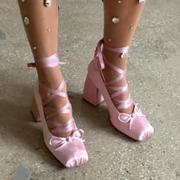 Ballet Heels for Women Lace Up Chunky High Heel Pumps with Bow Closed Square Toe Dress Shoes Party Ballerina Heels
