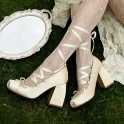 Ballet Heels for Women Lace Up Chunky High Heel Pumps with Bow Closed Square Toe Dress Shoes Party Ballerina Heels