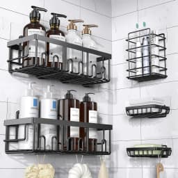 Shower Caddy Organizer, 5-Pack Adhesive Rustproof Stainless Steel Shower Shelves with Soap Holder, No Drilling Shower Storage Rack for Family Renters Bathroom, Black