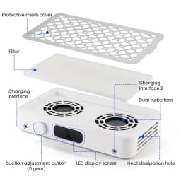 Professional Brushless Turbo Nail Dust Extractor with Double Fans Powerful Dual Fan Strong Suction Nail Vacuum Cleaner for Two Hands Manicure Salon Nail Art Use