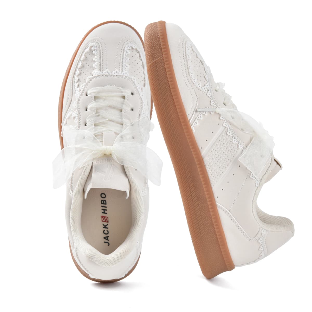 Women's Ribbon Lace-Up Fashion Sneakers Arch Support Gum Sole Tennis Walking Shoes with Memory Foam