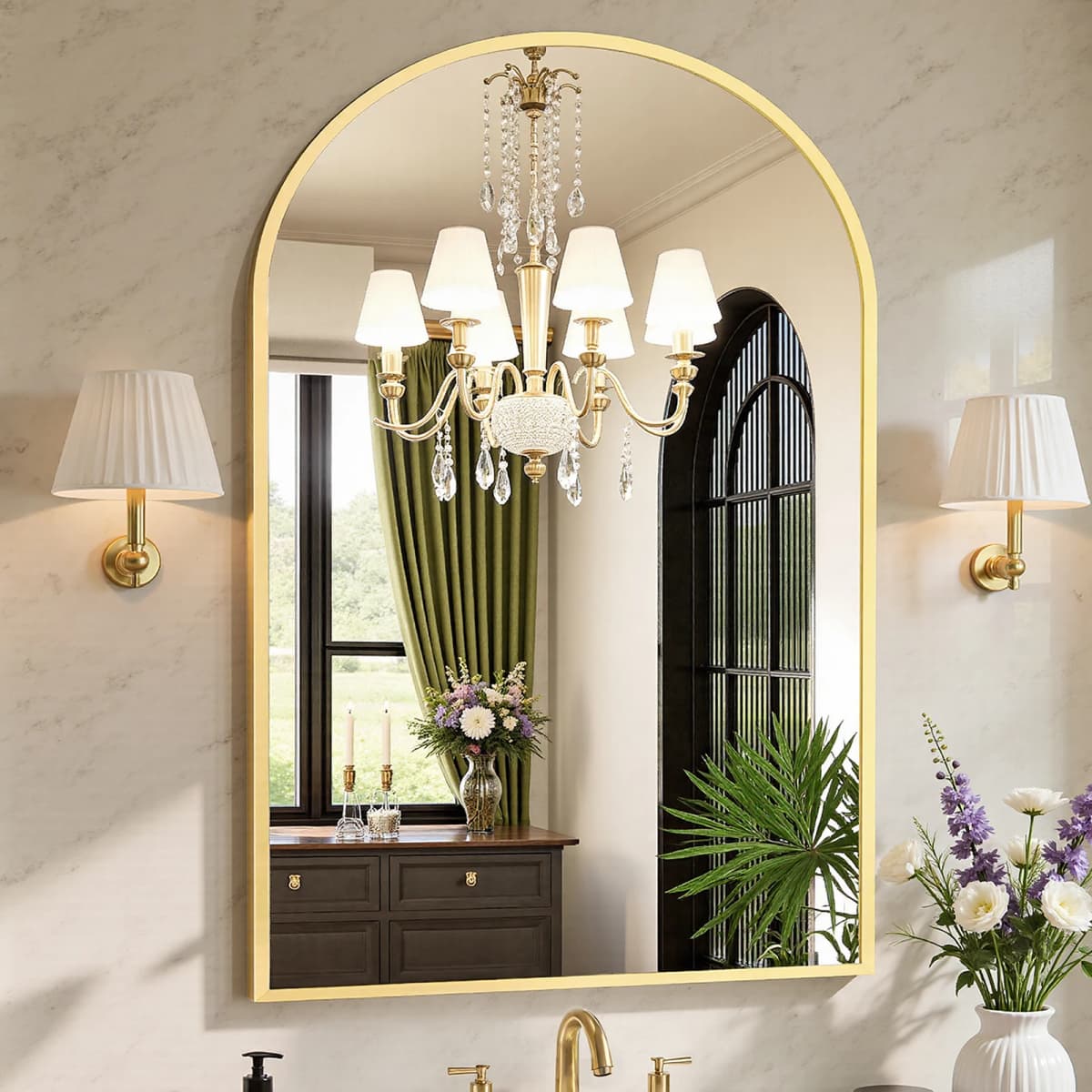 JHK Arched Gold Large Size Bathroom Mirror Bathroom Mirrors for Over Sink Modern Wall Mirrors Arch Decorative for Entryway Bedroom Vanity Horizontal or Vertical Hanging