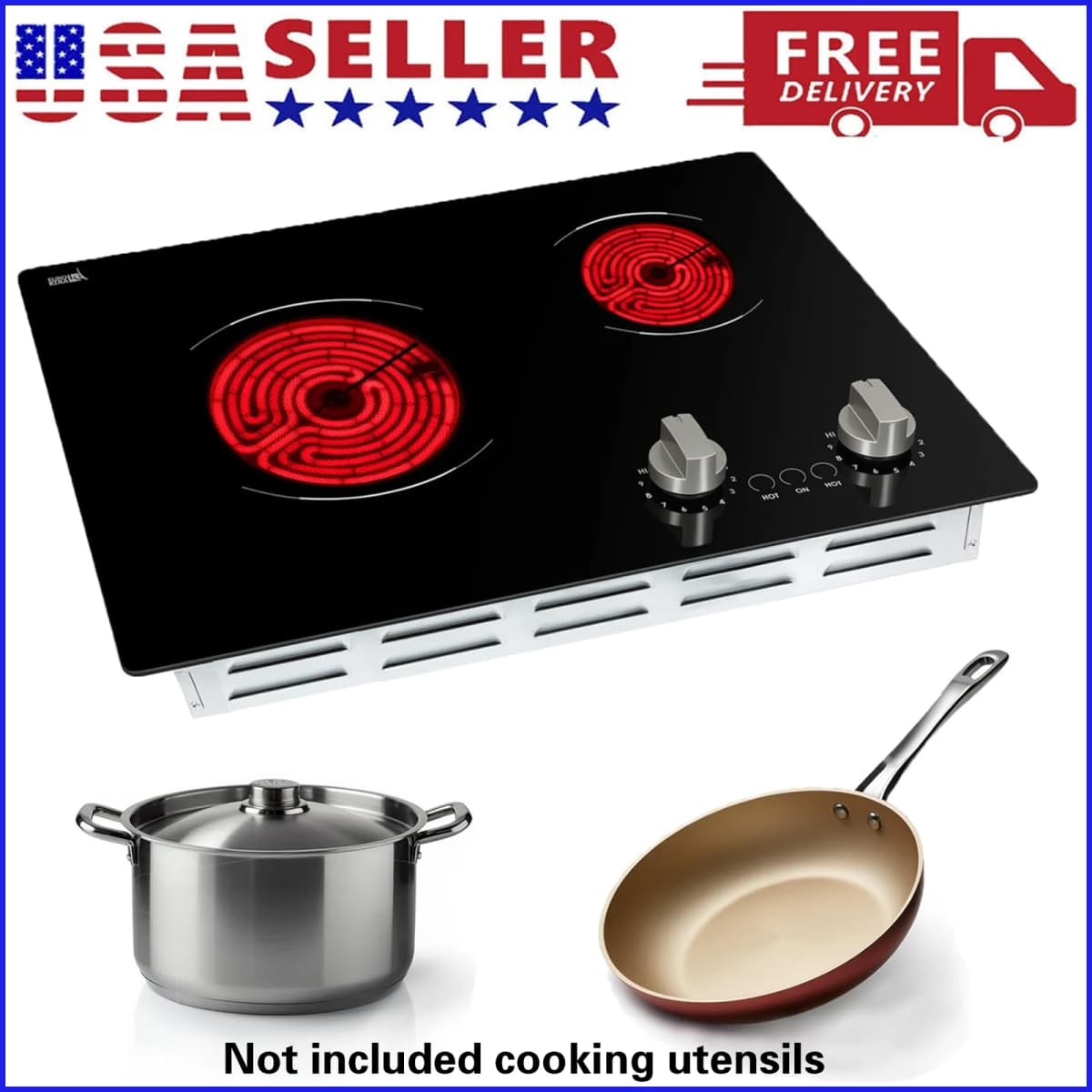 21 Inch 2 Burners Electric Cooktop 3700W Apartment Electric Stove Top Double Radiant, UL Certified, 9 Heating Level Knob Control, Overheating Protection, 110V-240V Ceramic Glass Cooktop