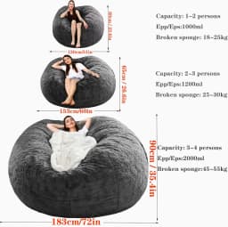 Bean Bag Sofa Cover Dark Gray 6FT Only Cover Ultra Soft Flocked PV Washable Double Zipper