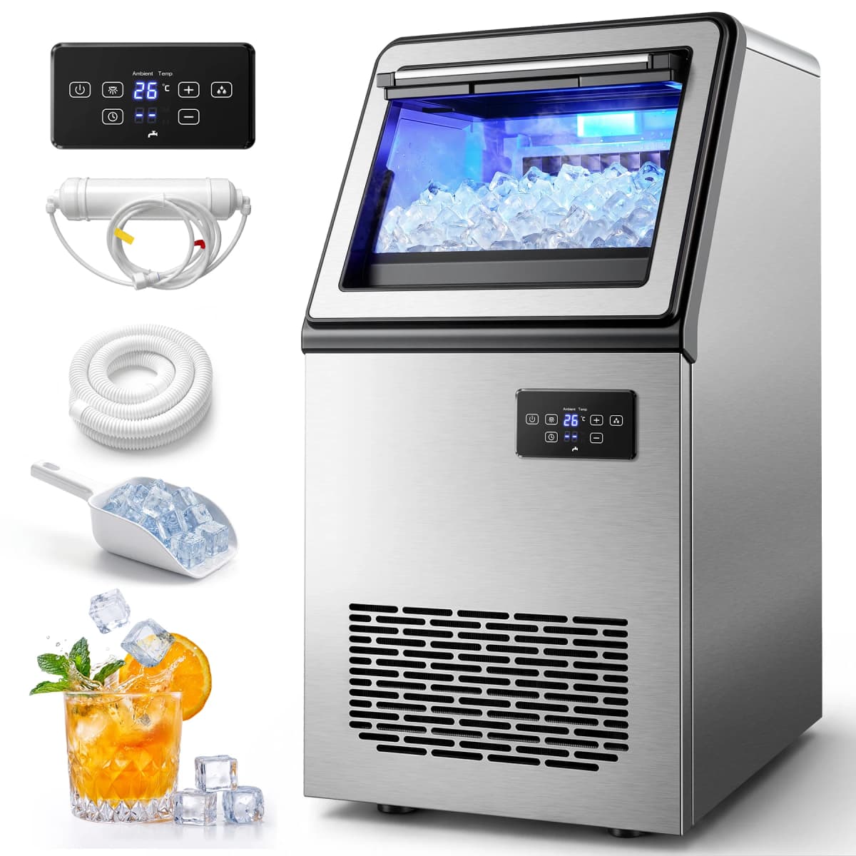 Zomagas 130 lb Commercial Ice Maker, Self-Cleaning, Stainless Steel