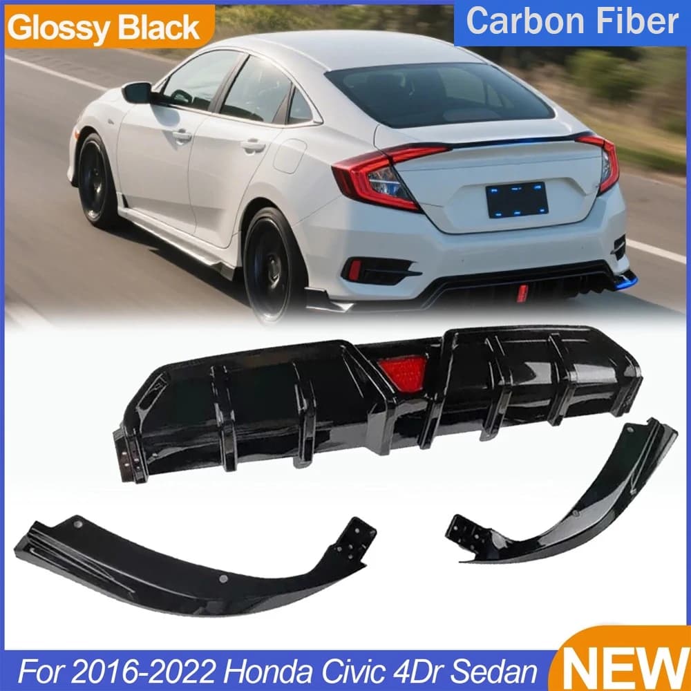 1Set Quality Car Rear Bumper Splitter Lip Diffuser Body Kit And LED Light For Honda Civic 2016-2022 10th 4Dr Sedan Spoiler Guard