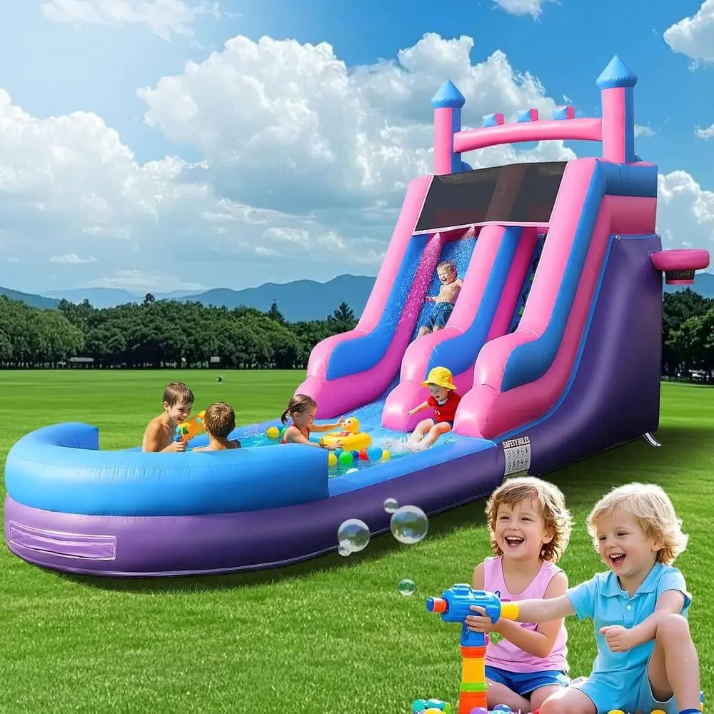 26FT Iatable Water Slide for Kids, PVC Commercial Grade Water Slide with Splash Pool, 4-in-1 Water Slide with Climbing & Basketb