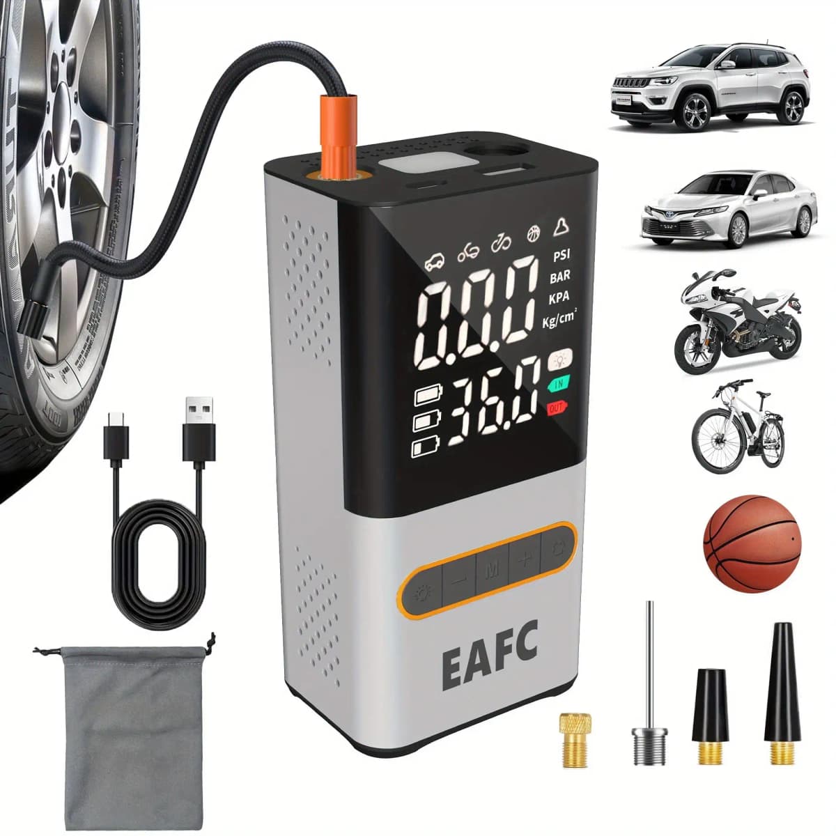 EAFC 150PSI Digital Display Air Pump, Large-screen Wireless Air Pump, Digital Pressure Gauge, with LED Light for Car, Motorcycle