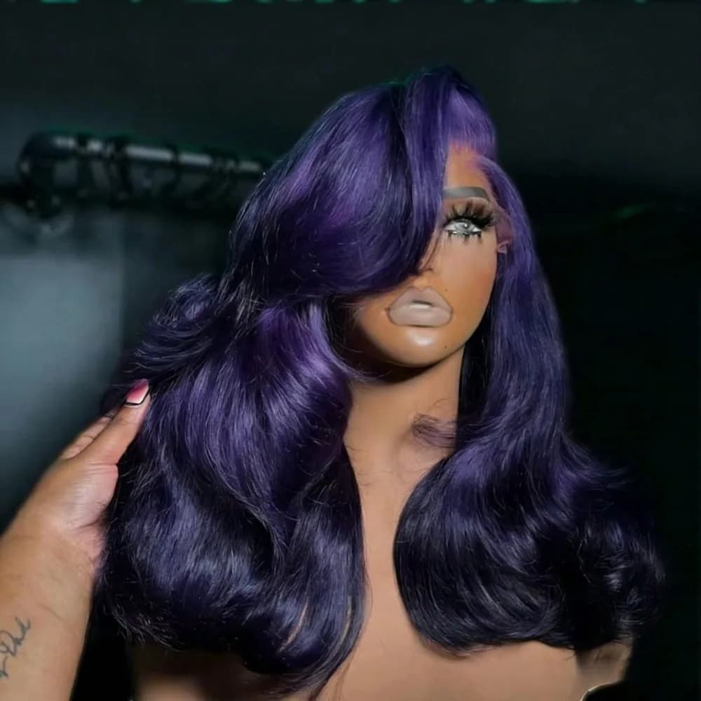 200% Density 13X4 Dark Purple Colored Body Wave Lace Front Wigs Pre Plucked Glueless 13x4 Long Wavy Lace Frontal Wigs for Women