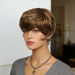 P4/27 Mixed Brown Highlight Pixie Cut Wig Human Hair for Women Short Straight with Bangs 180% Density Natural Look Versatile St